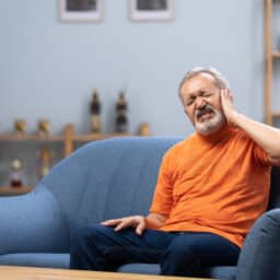 Senior man with ear pain sitting on sofa at home
