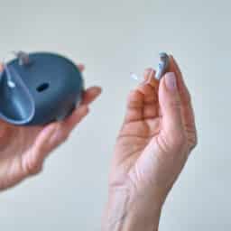 Hand removing a hearing aid from its case